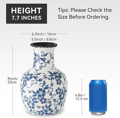 Blue and White Flower Vase Vintage Chinoiserie Floral Ceramic Vase Handcrafted Round Flower Vase for Home Decor Centerpieces Living Room, Bookshelf, Office Rustic Table Centerpiece 9 in