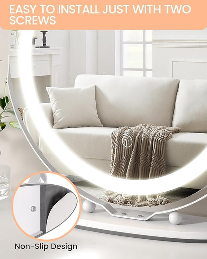IDEALHOUSE 19 inch Makeup Mirror with Lights, Vanity Mirror with Smart Touch Control 3 Colors Dimmable Lights, 360°Rotation White Vanity Mirror for Bedroom, Tabletop and Desk Mirror