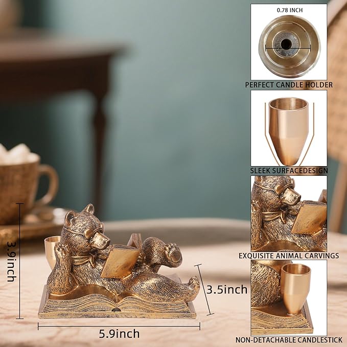 Gold Animal Candle Holders - Bear Set of 2 Vintage Rustic Pedestal Candlesticks, Easter Decorations, Centerpieces for Fireplace Mantle & Dining Table