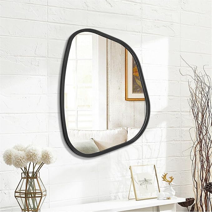 Black Asymmetrical Wall Mirror Large 20"x16" Irregular Oval Mirror Modern Wood Frame Unique Shape Wall Mounted Vanity Artistic Mirrors Decorative for Living Room Bedroom Bathroom Hallway