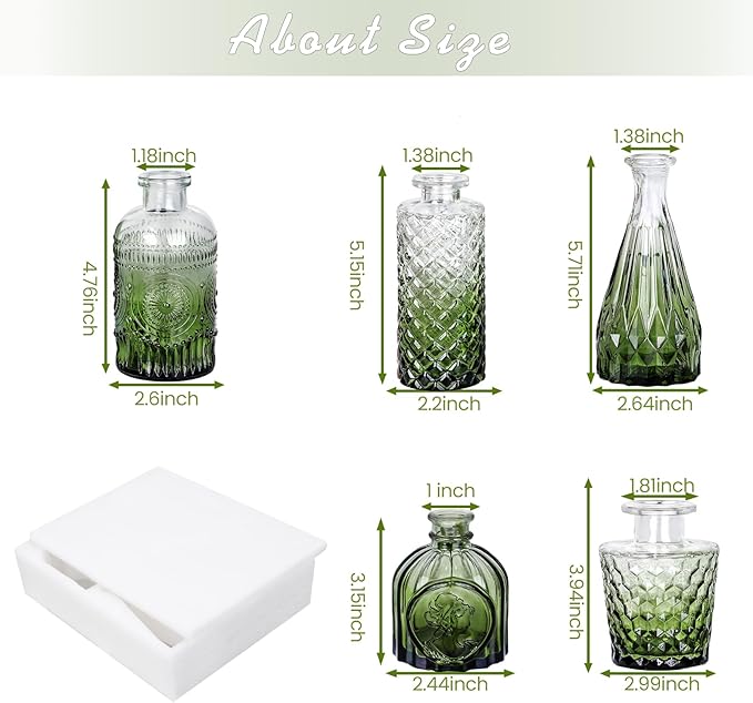 Glass Bud Vase Set of 5, Small Green Flower Vases for Centerpieces in Bulk, Mini Vintage Vase for Wedding Decor, Single Flowers, and Home Table Décor