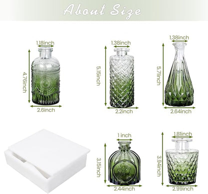 Glass Bud Vase Set of 5, Small Green Flower Vases for Centerpieces in Bulk, Mini Vintage Vase for Wedding Decor, Single Flowers, and Home Table Décor