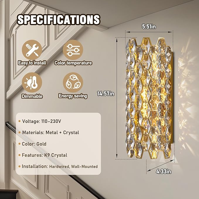 Crystal Wall Sconces,Modern Gold Wall Light Fixtures,Luxury Indoor Wall Lamp,Vanity Wall Mount Lamps for Living Room,Bedroom,Bathroom,Bedside,Hallway,Stairway