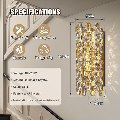 Crystal Wall Sconces,Modern Gold Wall Light Fixtures,Luxury Indoor Wall Lamp,Vanity Wall Mount Lamps for Living Room,Bedroom,Bathroom,Bedside,Hallway,Stairway