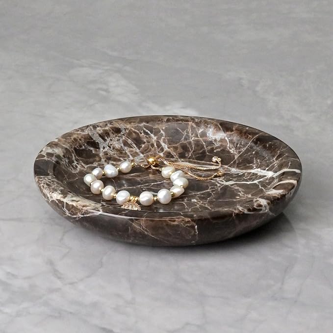 ZSHAWN Natural Marble Ring Dish Jewelry Tray – 5.5" Trinket Dish for Rings Earrings Necklace, Scratch-Resistant Vanity Organizer, Elegant Gift for Women (Emperador Dark)