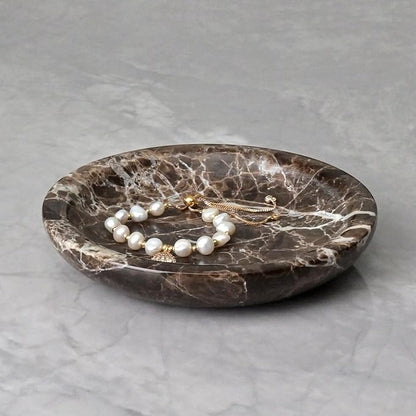 ZSHAWN Natural Marble Ring Dish Jewelry Tray – 5.5" Trinket Dish for Rings Earrings Necklace, Scratch-Resistant Vanity Organizer, Elegant Gift for Women (Emperador Dark)