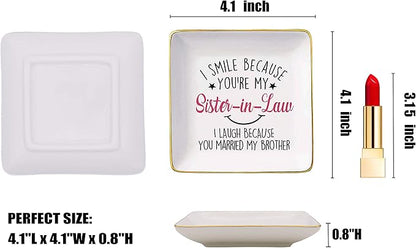 Funny Christmas Gifts for Sister-in-Law,New Year Gift,Funny Ring Dish Gifts,I Smile Because You're My Sister-In-Law,Sister Jewelry Tray,Trinket Holder,Jewelry Box-Birthday Mother's Day Gifts