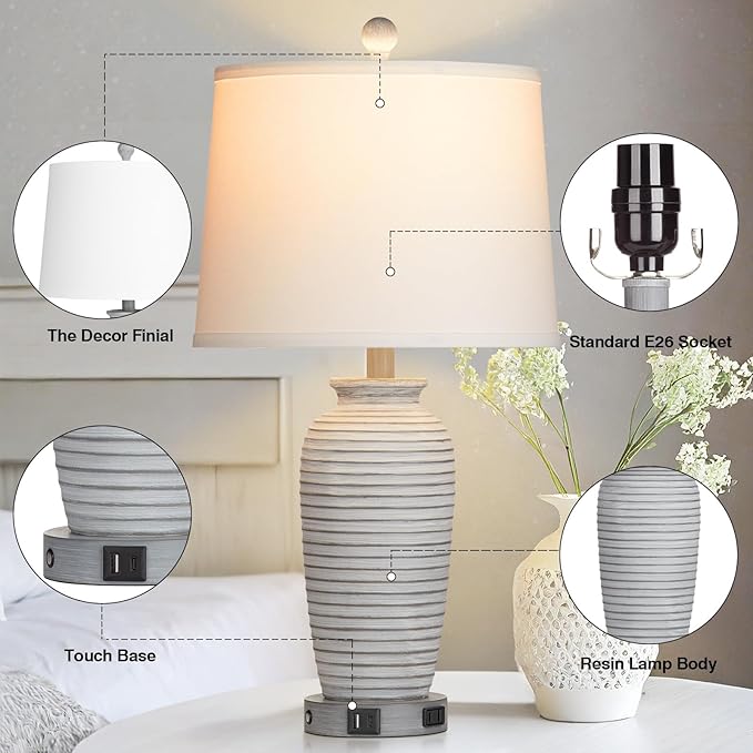 25" Farmhouse Jar Table Lamps Set of 2, 3 Way Touch Control Rustic Bedside Lamps with USB A+C Ports & AC Outlet, Pot Nightstand Lamps for Bedroom Living Room (LED Bulbs Included)