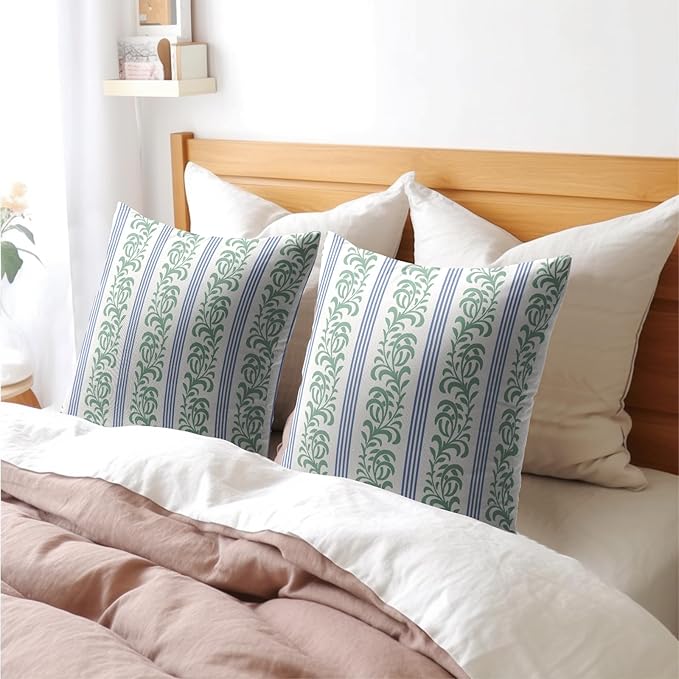 Blue Green Floral Pillow Covers 22x22 Set of 2 Spring Vitage Flower Striped Pattern Rustic Decorative Outdoor Farmhouse Zipper Boho Pillowcases Decorations Throw Cushion Cover Decor for Couch Sofa Bed