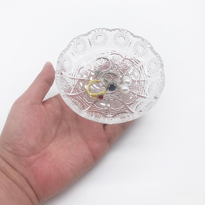 Small Flower Ring Dish Jewelry Tray, Glass Jewelry Dish, Crystal Ring Holder Jewelry Plate Dish, Nightstand Decor Clear Jewelry Bowl Dish for Earrings,Vanity Decorative Tray Trinket Dish Gift