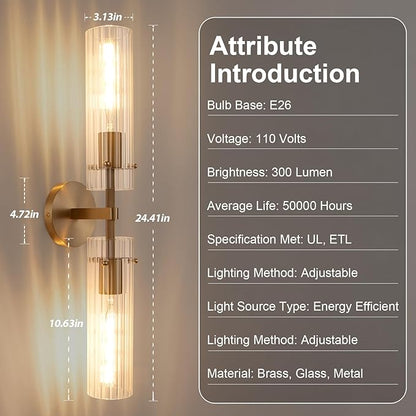 Brass Gold 2-Light Knurled Wall Sconce, Dual-Head Vanity Lamp with Vertical Striped Glass Tube, Bathroom Wall Sconces, Wall Lights for Living Room Bedroom Hallway Kitchen Bathroom Mirror