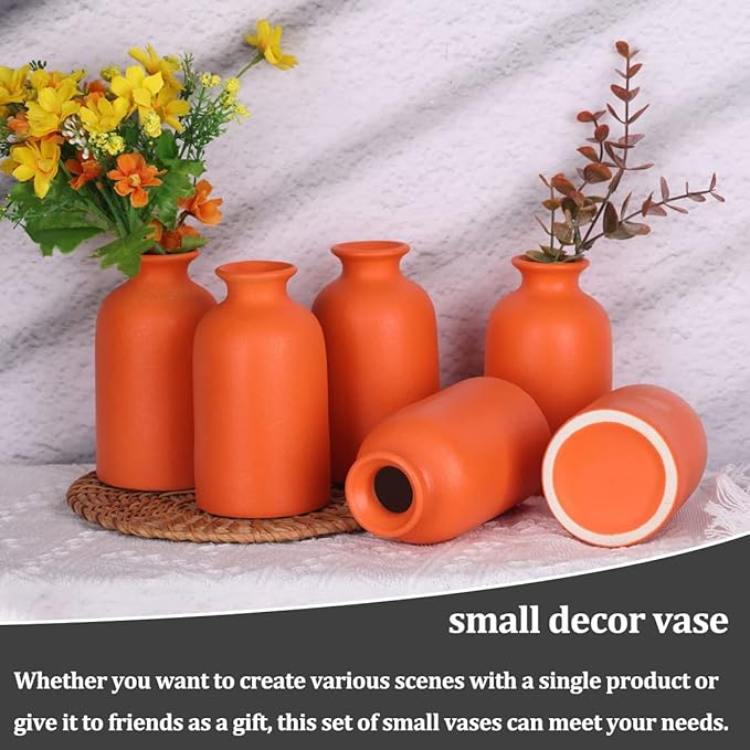 Orange Bud Vases Set of 6 - Mini Orange Ceramic Vases for Flowers, Modern Bud Vase for Table Decor, Boho Small Vase for Home Decor, Centerpieces in Bulk for Wedding, Home, Table, Party Decor