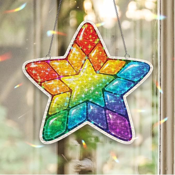 Vibrant Star Mosaic Acrylic Suncatcher, Window Hanging Sun Catcher Ornament, Crystal Prism Light Catcher Decor, Sunlight Window Decor, Aesthetic Home Decor Gift
