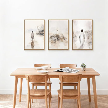 Jesus Walking on Water Canvas Wall Art,Boho Jesus Crucified Framed Wall Decor,Religious Christian Artwork,Holy Gathering Art Print for Living Room,Bedroom,Office- 24"x36"x3