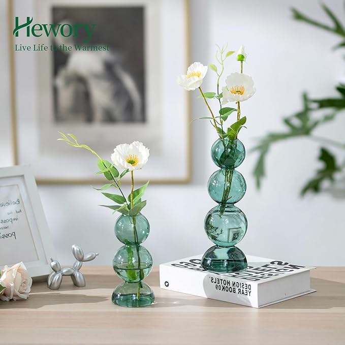 Glass Bubble Vases for Flowers, Hewory 2pcs Green Unique Cute Single Flower Vase for Centerpieces, Funky Aesthetic Vase Skinny Bud Vase, Cool Groovy Decor for Home Living Room Bedroom Office Tabletop