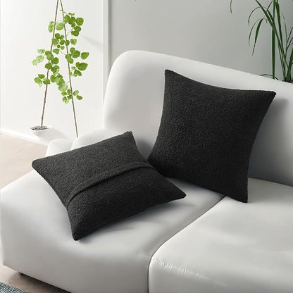 HAUSSY Set of 2 16x16 Decorative Throw Pillow Covers, Soft Cozy Textured Boucle Couch Cases, Home Decor for Couch Bed Living Room, Black