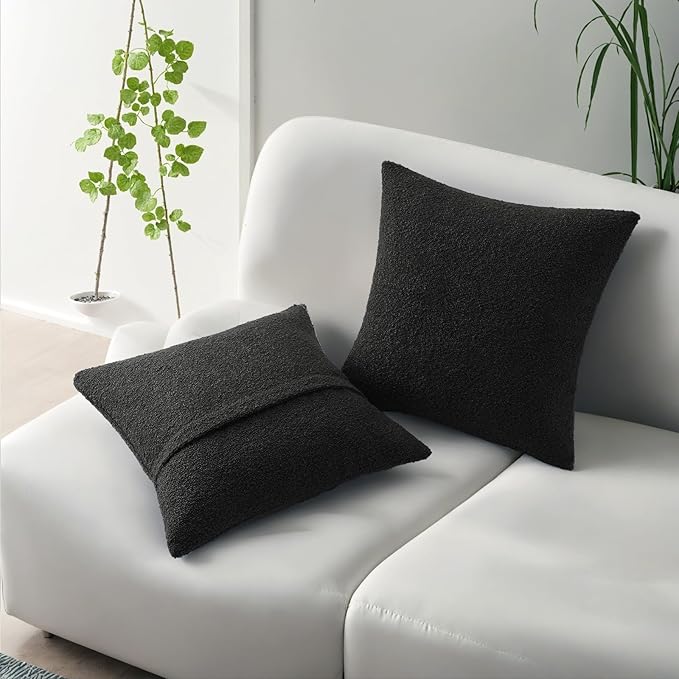 HAUSSY Set of 2 18x18 Decorative Throw Pillow Covers, Soft Cozy Textured Boucle Couch Cases, Home Decor for Couch Bed Living Room, Black
