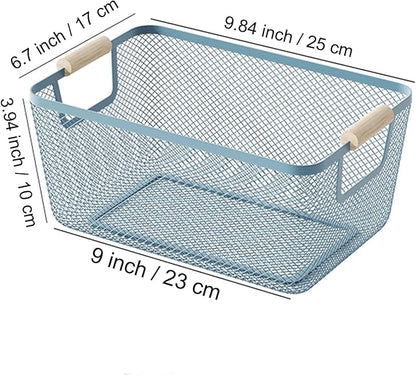 Metal Mesh Steel Basket, Small Wire Storage Organizer Baskets Multi-function Hanging Kitchen Basket with Wood Handle for Kitchen Bathroom Picnic Home, Rectangle-Blue