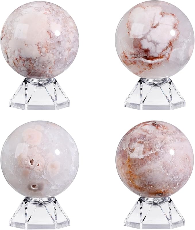 Natural Cherry Blossom Agate Crystal Ball with Acrylic Display Base, 50-60mm Polished Stone Feng Shui Crystal Sphere Meditation Decoration for Home & Office