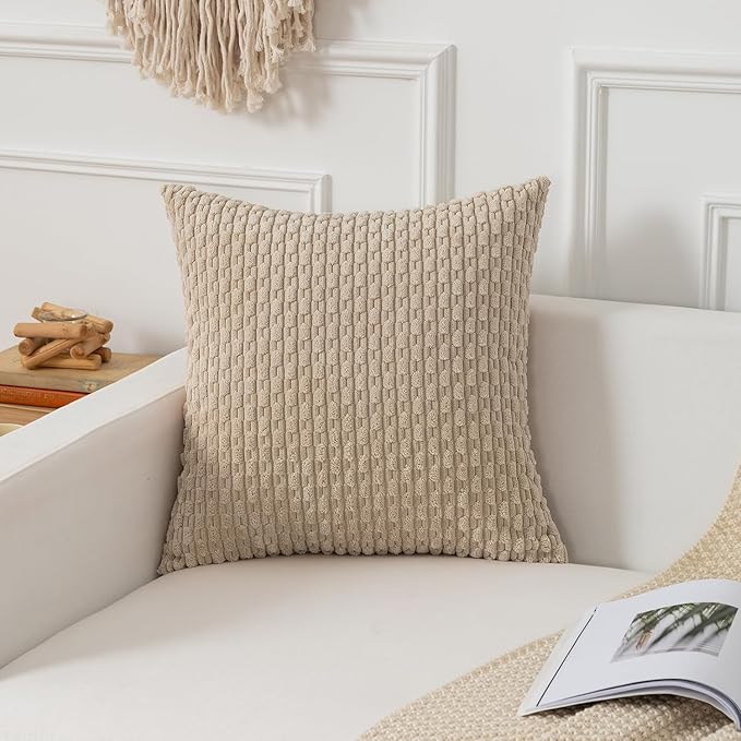 Kevin Textile Throw Pillow Covers Soft Corduroy Decorative Set of 2 Boho Striped Pillow Covers Pillowcases Farmhouse Home Decor for Couch Bed Sofa Living Room 20x20 Inch Beige