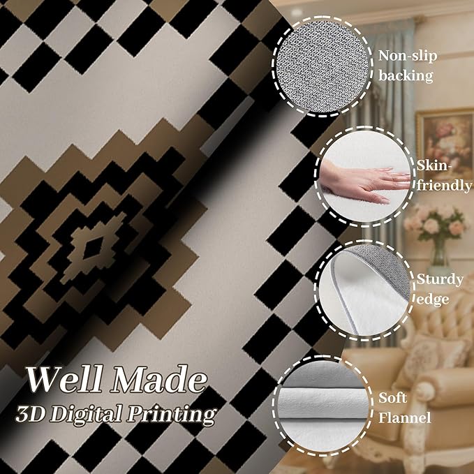 Retro Moroccan Farmhouse Decor Rug Runners for Hallways, 2.6x7ft, Black Linen Checkered Entryway Carpet, Rubber Backed Low Pile Easy Clean Carpets, Durable Reduce Noise Rugs for Floor
