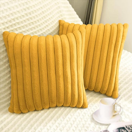 2 Pack 22x22 Pillow Cover Velvet Pillow Covers, Faux Fur Square Throw Pillow Covers for Living Room Decorations Throw Pillow Case, Throw Pillow Cover Cushion Cover for Sofa Bedroom Car, Mustard Yellow