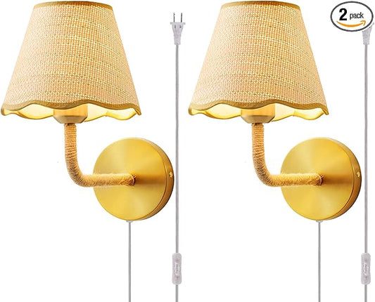 Set of Two Plug in Wall Sconce with 70.8inch Cord and Switch, Hand Woven Ratten Wall Sconces with Grass-Woven Lampshade for Bedroom Living Room Hallway Porch, E26 Base