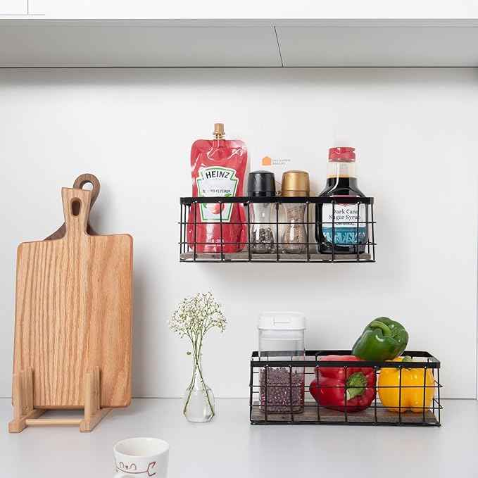ROSE BLOOM Small Metal Wire Storage Basket, Decorative Wood Base Organizer Bins for Bathroom, Kitchen, Laundry Room, Pantry, Basket for Toilet Paper, Fruits, Spices（1 Pack
