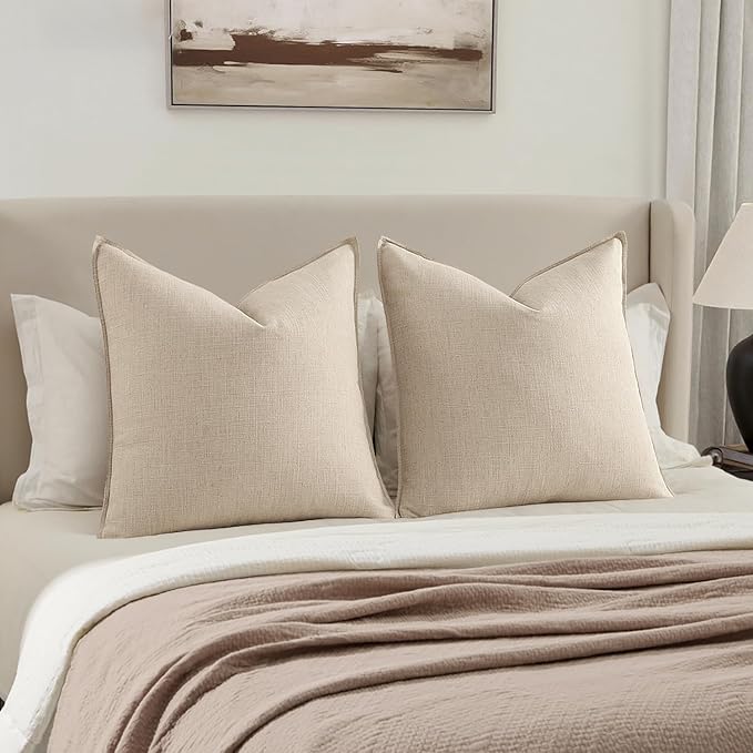 MIULEE Euro Sham Pillow Covers for Bed 24x24, 2 Pack Natural Beige Thick & Textured Decorative Throw Pillow Covers, Neutral Linen Cushion Cases, Modern Farmhouse Home Decor, No Filling