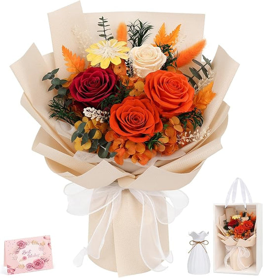 Flowers for Delivery Prime Real Preserved Flowers Bouquet That Last 3-5 Years Forever Roses Flowers Bouquets Gifts for Mom Anniversary Thanksgiving Birthday Women Grandma Wife Friends Gift (Orange)
