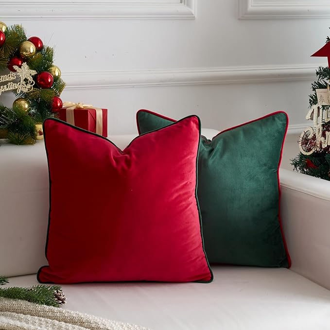 LIGICKY Set of 2 Christmas Red Velvet Throw Pillow Covers Modern Minimalist Style Solid Decorative Dark Green Rope Edging Soft Square Cushion Cases for Sofa Bedroom Party Décor, 20 x 20 inch