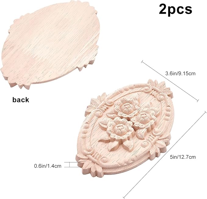 GORGECRAFT 2PCS Wooden Carved Onlay Appliques Oval Carving Decal Center Craft Unpainted Furniture Home Decoration Wood Carving Decal for Dresser Bed Door Cabinet Wardrobe Ceiling 5"x3.6"