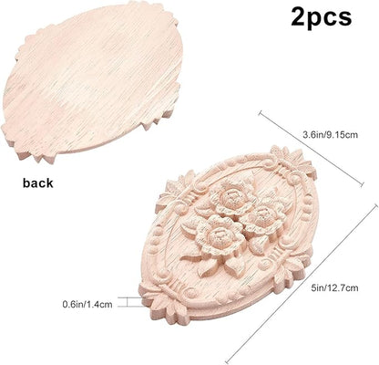 GORGECRAFT 2PCS Wooden Carved Onlay Appliques Oval Carving Decal Center Craft Unpainted Furniture Home Decoration Wood Carving Decal for Dresser Bed Door Cabinet Wardrobe Ceiling 5"x3.6"