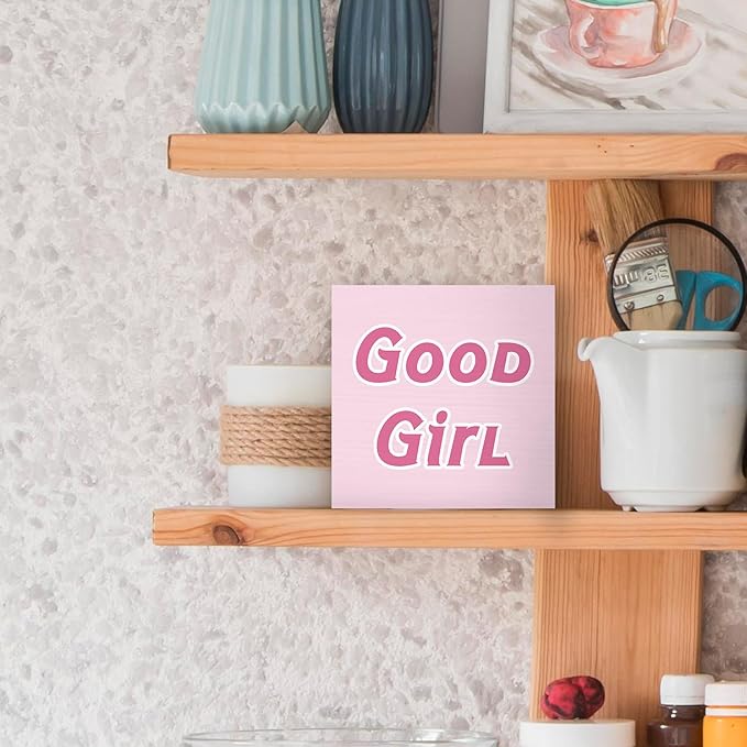 Trendy Coquette Wood Box Sign Desk Decor, Girly Pink Preppy Decor, Good Girl Wooden Block Sign Decorations for Home College Apartment Teen Girl Room Bedroom Living Wall Tabletop Shelf Decor
