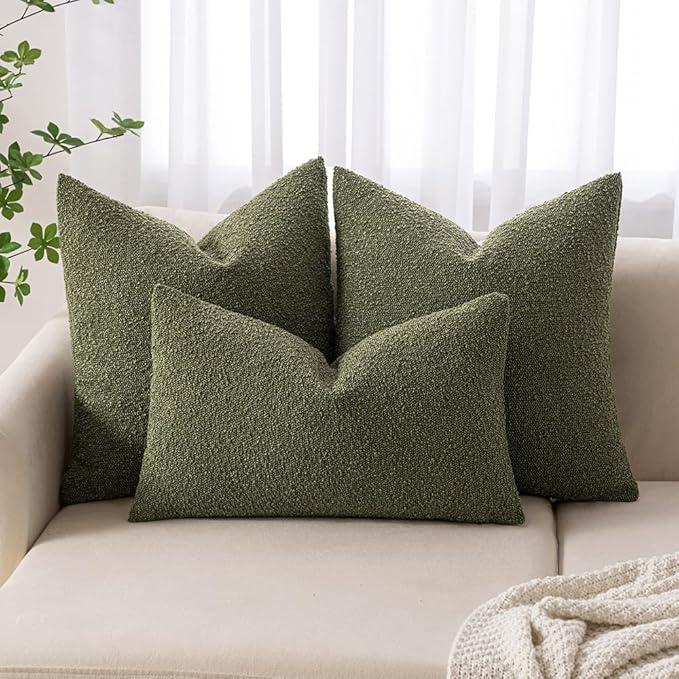 MIULEE 12x20 Inch Decorative Lumbar Throw Pillows for Bed Set of 2 Textured Boucle Neutral Spring Throw Pillow Covers Olive Green Accent Solid Pillowcases Sofa Livingroom Home Decor