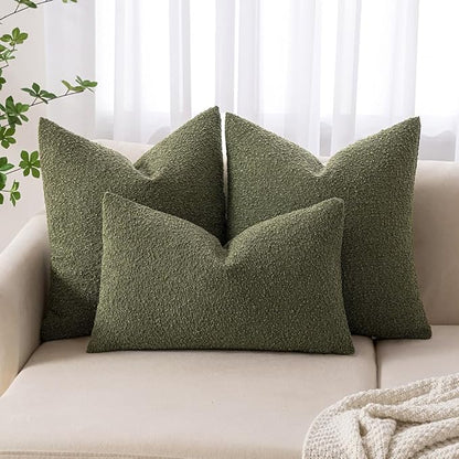 MIULEE 12x20 Inch Decorative Lumbar Throw Pillows for Bed Set of 2 Textured Boucle Neutral Spring Throw Pillow Covers Olive Green Accent Solid Pillowcases Sofa Livingroom Home Decor