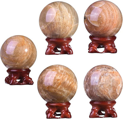 SUNYIK Natural Orange Moonstone Ball Sphere with Resin Stand Polished Crystal Sphere Stone Figurine Decor for Home Office Tabletop, 2-2.3"(51-60mm)