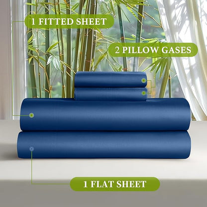 Shilucheng 100% Viscose Derived from Bamboo_ Sheets Cal King Size 4pcs - Ultra Cooling & Silky Soft Bed Sheets, 16" Deep Pocket, Perfect for Hot Sleepers, Hotel Bedding Sheets (Navy Blue)