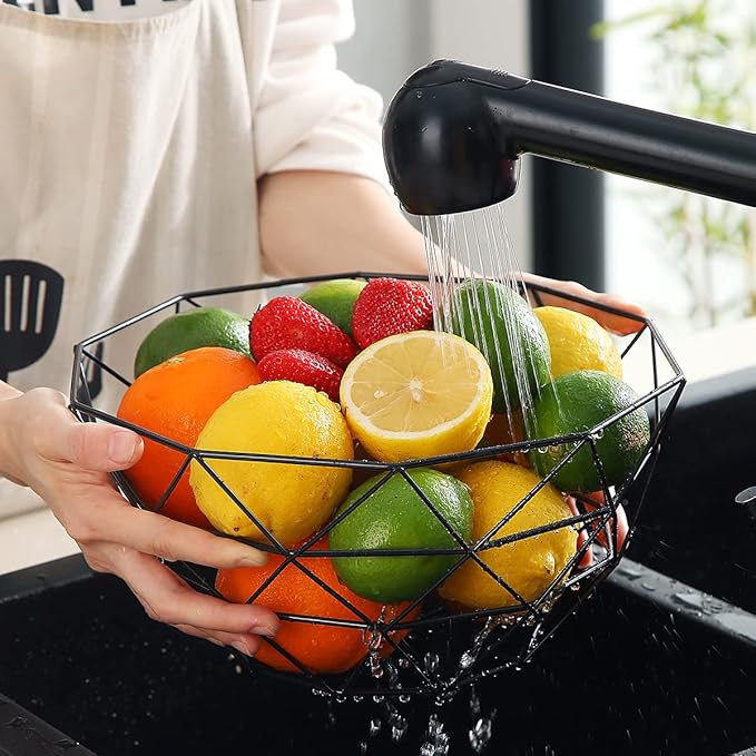 HOMQUEN Fruit Basket, Fruit Bowl, Metal Wire Fruit Basket for kitchen, Fruit Bowl for Kitchen Counter, Basket for Fruits, Vegetables, Breads, Snacks, Kitchen Gadgets (Square Tall, Black)
