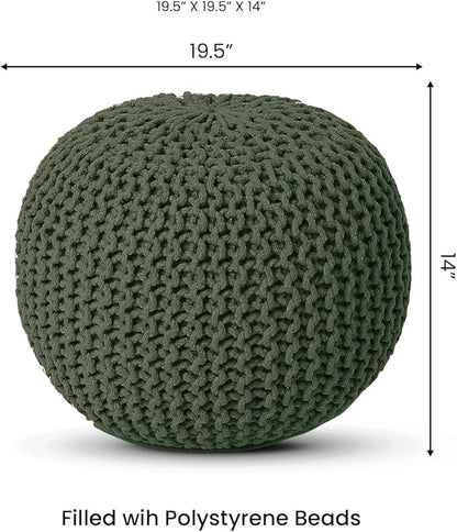 REDEARTH · Round Hand Knitted Pouf - Foot Stool Bean Bag Ottoman - Cord Boho Pouffe - Poof Accent Beanbag Footrest for Living Room - Bedroom - Patio - Lounge (19.5"x19.5"x14") - Olive, Set of 2