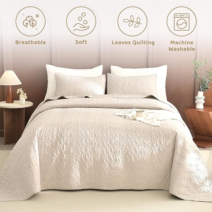 Sanracie California King Quilt Set 128"x 120", Wheat Colored 100% Cotton Oversized King Bedspread Coverlet Set Leaves Quilting 3Pcs Extra Large Wide Quilt Bedding Set for All Season Lightweight Soft