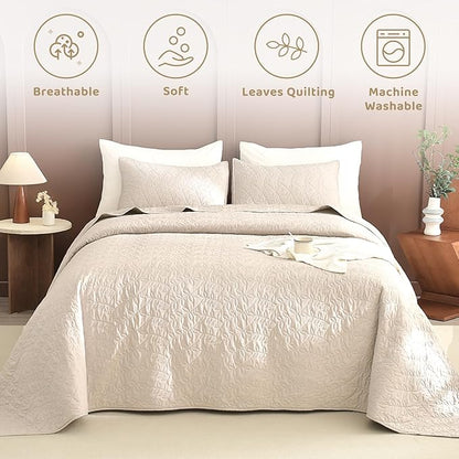 Sanracie Oversized Queen Quilt Bedspread Set 102"*118", 100% Cotton Coverlet Queen Size Wheat Colored Super Soft and Cozy Extra Large Cloud Leaves Quilting Bed Quilts for All Season
