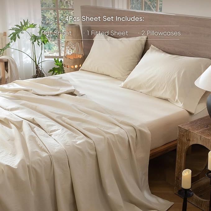 MooMee Bedding Sheet Set 100% Washed Cotton Linen Like Textured Breathable Durable Soft Comfy (Heathered Almond Milk Grey, California King)