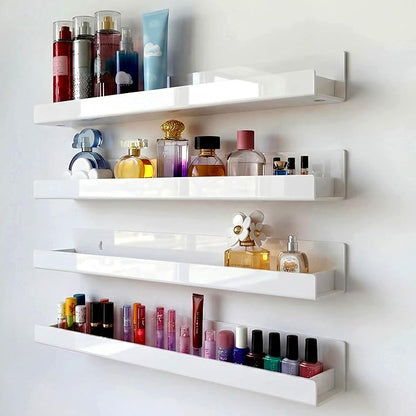 4 Pack 15 Inch Whtie Acrylic Shelves, Kids Floating Bookshelf for Kids Room, Modern Nail Polish Rack Sunglasses Essential Oil Picture Ledge Display Toy Storage Wall Shelf