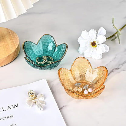 Koythin 2-Piece Glass Jewelry Tray, Small Trinket Holder for Necklace Bracelet Earring, Ring Holder for Bathroom, Aesthetic Trinket Dish, Flower Nightstand Decor for Girl Mom Women (Green)