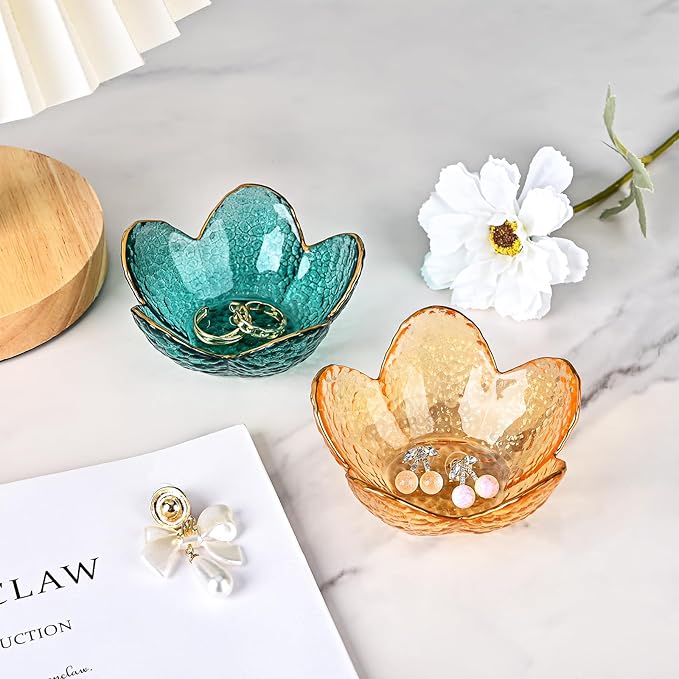 Koythin 2-Piece Glass Jewelry Tray, Small Trinket Holder for Necklace Bracelet Earring, Ring Holder for Bathroom, Aesthetic Trinket Dish, Flower Nightstand Decor for Girl Mom Women (Amber)