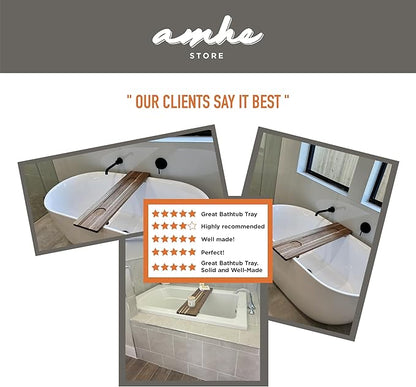 Amhe Store! Luxury Rustic Acacia Wood. Durable, Water-Resistant, Minimalistic, Adjustable 35x9 Inches. Lovely Gift - Box. Bath Tub Tray Wood - Bath Tray for Tub. Unique Natural Grain for Relaxation
