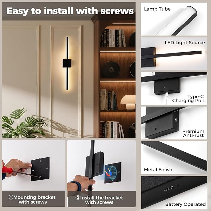 Black Battery Operated Wall Sconces Set of two Wireless，Modern Rechargeable Wall Lights Set of 2 with 10000mAh，Dimmable Led Wall Lamps for Living Room Bathroom Bedroom Hallway Bedside Headboard