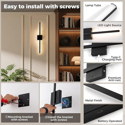 Black Battery Operated Wall Sconces Set of two Wireless，Modern Rechargeable Wall Lights Set of 2 with 10000mAh，Dimmable Led Wall Lamps for Living Room Bathroom Bedroom Hallway Bedside Headboard