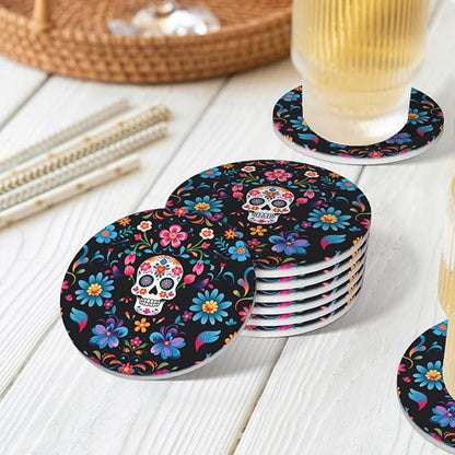 6 Pcs Ceramic Coasters with Holder Absorbent Drink Round Mexican Sugar Skulls Flowers Design for Home Table Coffee Cup Wine Beer Bar,Size 4.4 inches